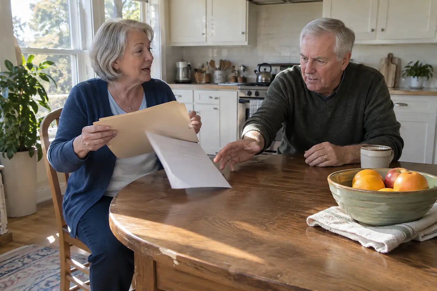 Older woman reading a pension election packet at her kitchen table.