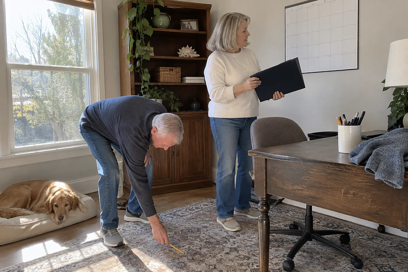 Older woman reviewing a Roth conversion form beside a calendar in her home office.