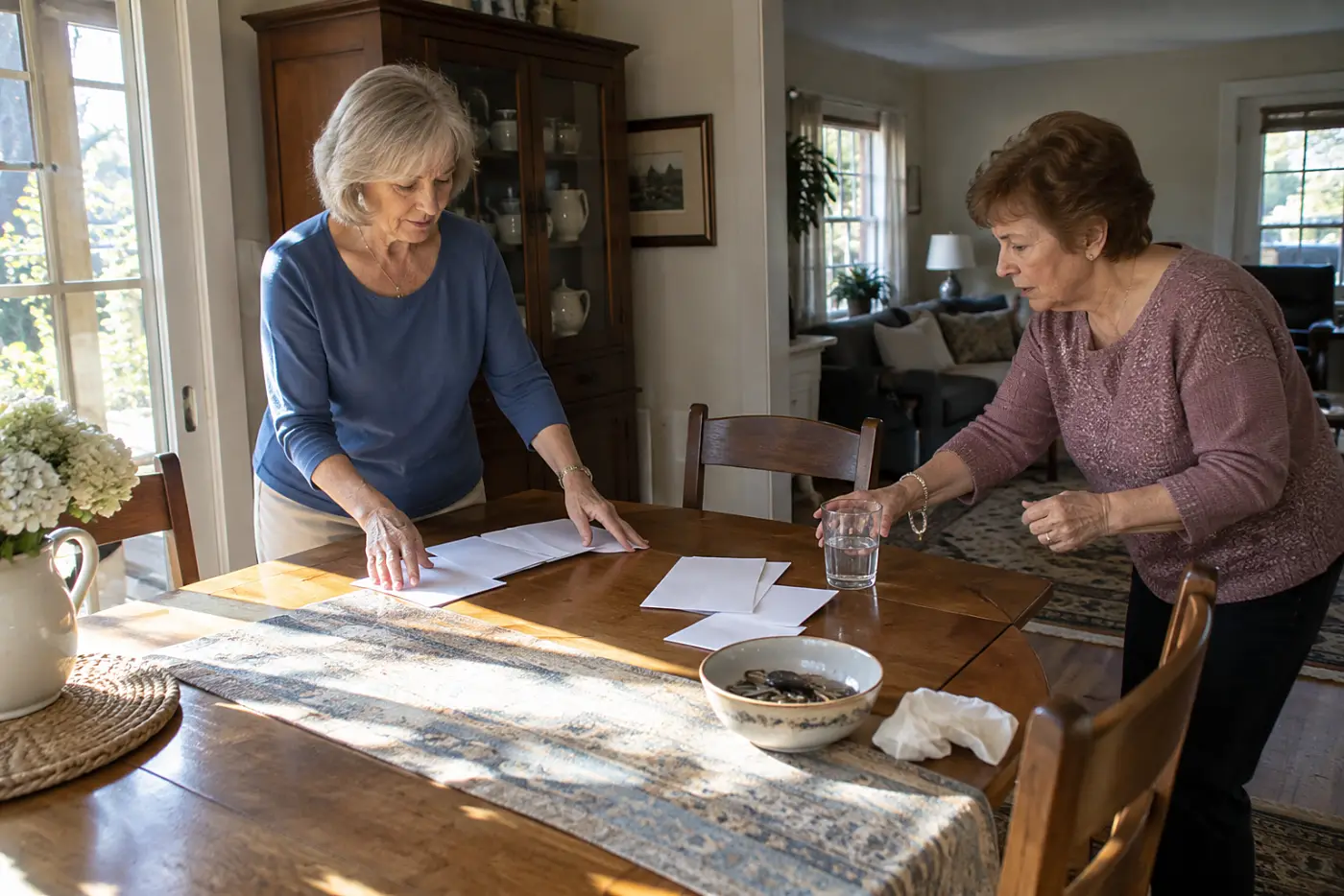Older woman arranging Roth contribution and conversion statements across her dining table.