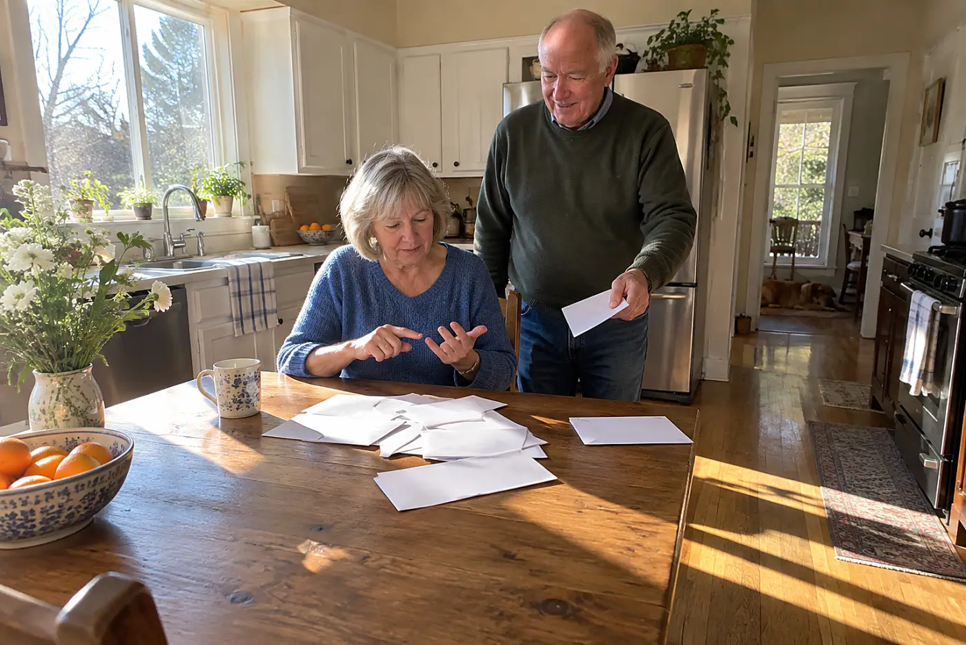 Older woman adding up wages from pay stubs before an IRA deposit at home.
