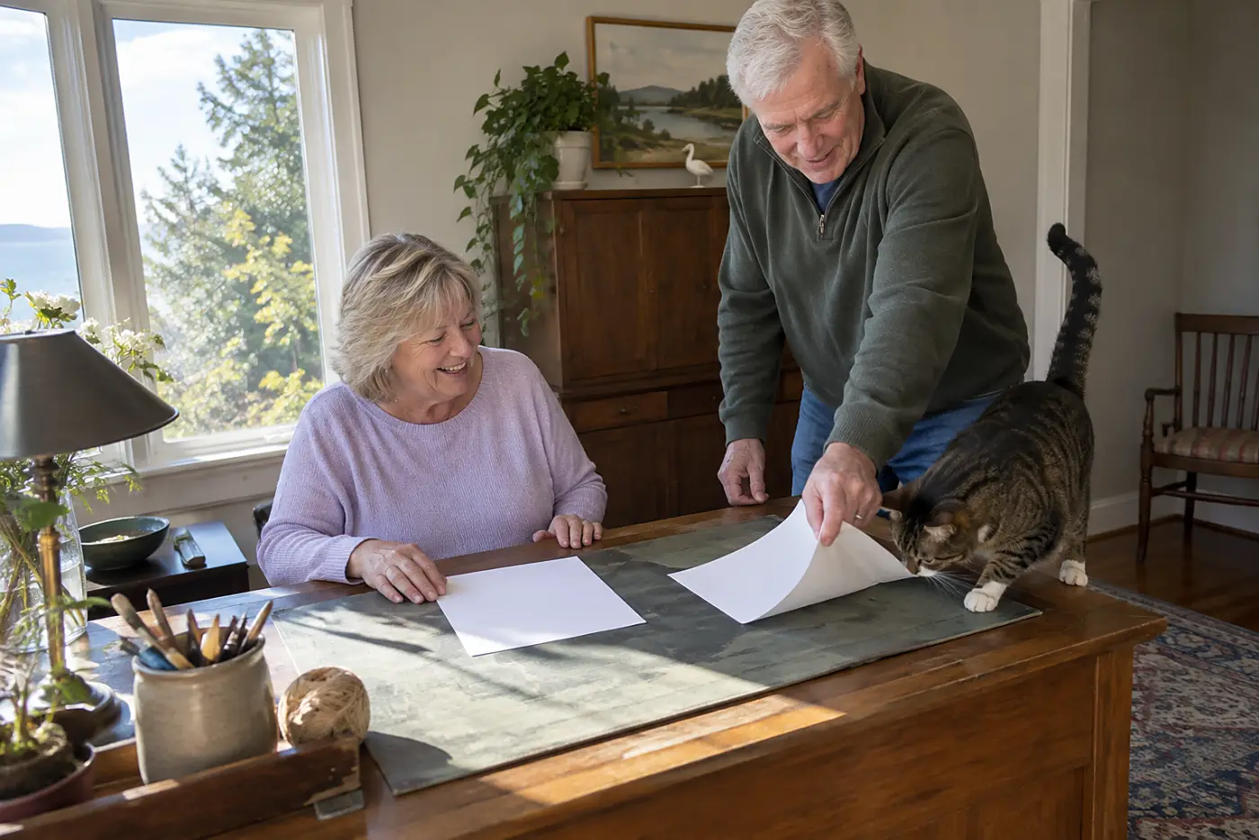 Older woman comparing her birth date with a retirement plan statement at her desk.