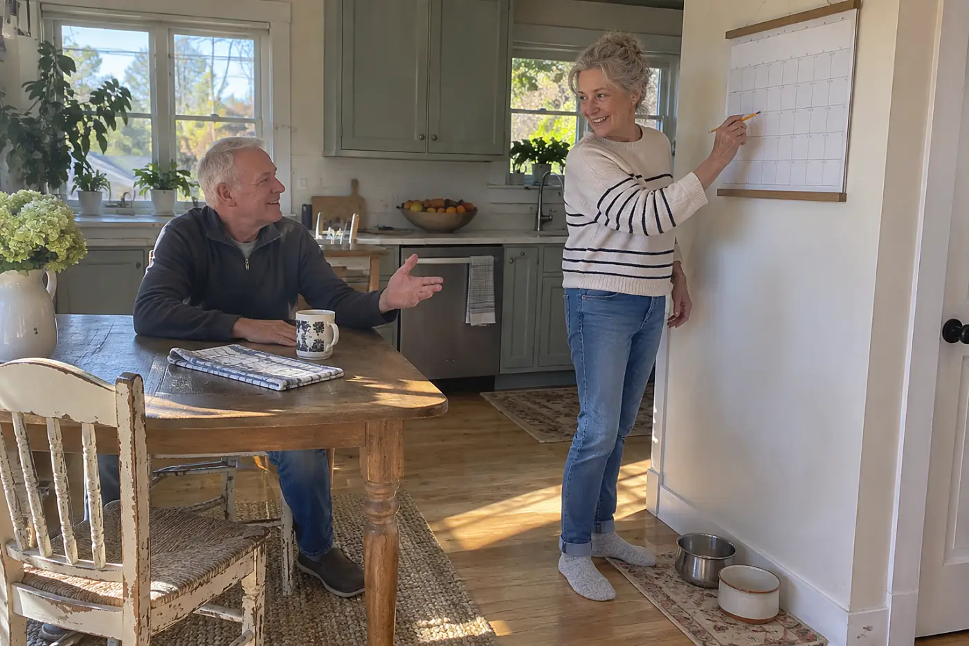 Older woman writing an IRA distribution deadline on a wall calendar at home.