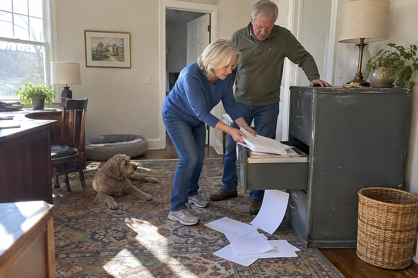 Older woman pulling old tax returns from a file drawer in her study.