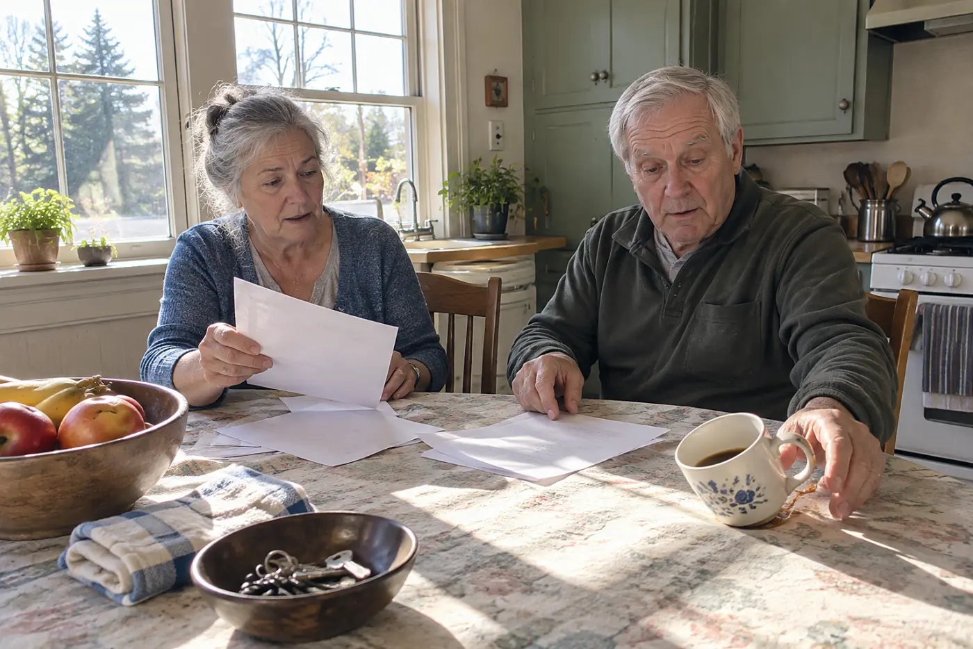 Older woman checking an IRA deposit against a withdrawal confirmation at her kitchen table.