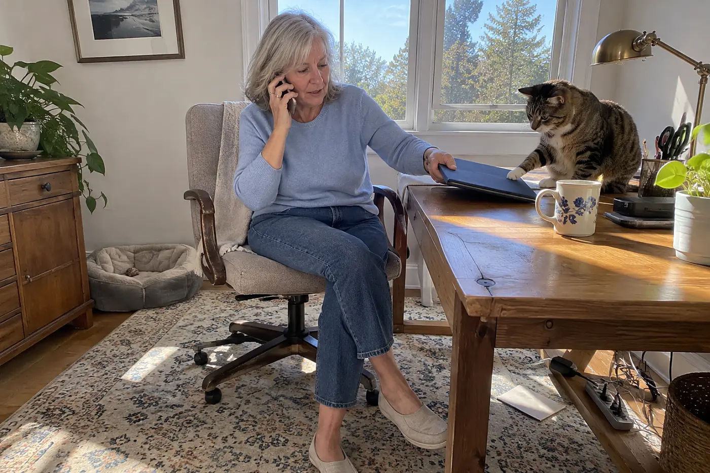 Older woman calling her workplace plan administrator with a rollover form on her desk.