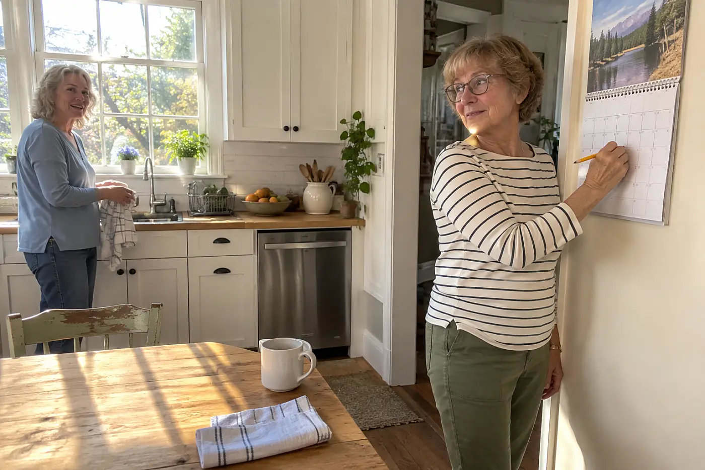 Older woman marking an estimated-tax due date on a paper calendar in her kitchen.