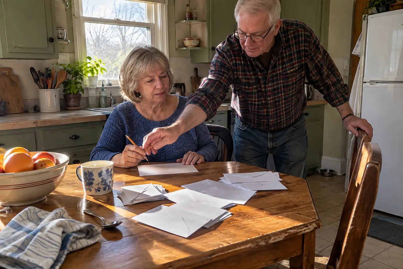 Older woman marking the final 401(k) deduction on a pay stub in her kitchen.