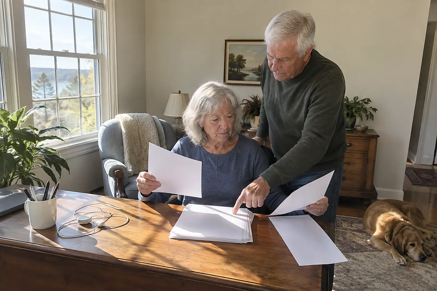 Older woman comparing a stock award statement with a bonus notice at her desk.