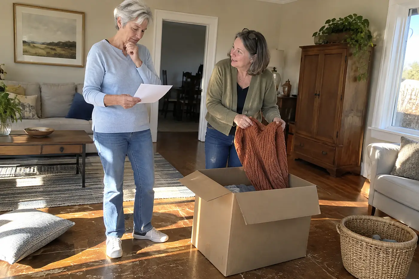 Older woman reading her final pay stub beside a cardboard office box at home.