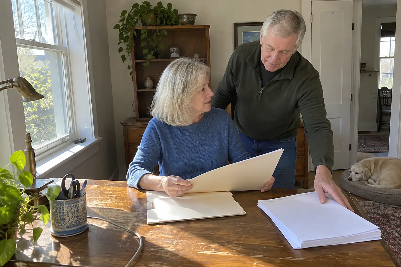 Older woman comparing a mortgage statement with last year's tax return at her desk.