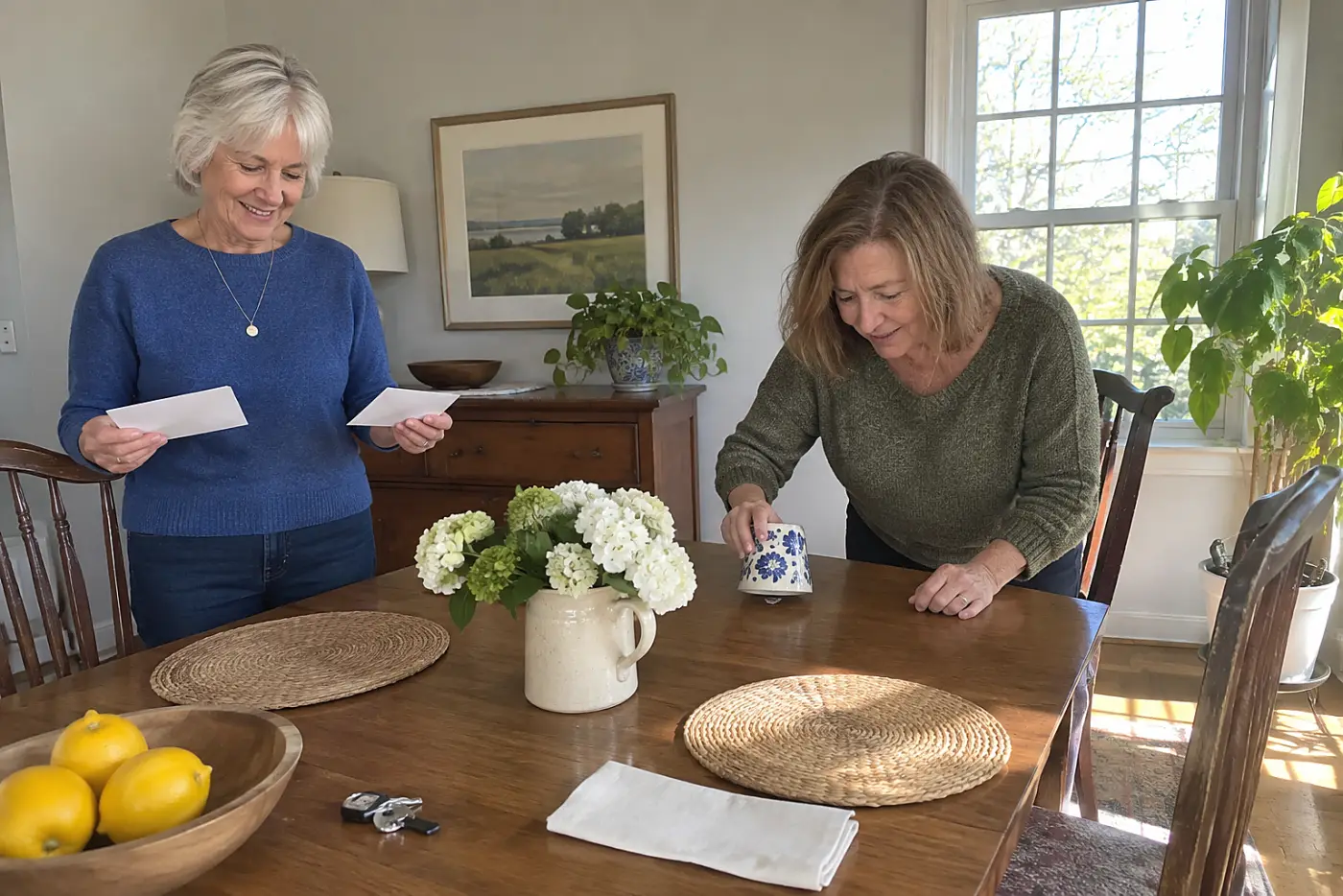 Older woman comparing an HSA statement with a Medicare card at home.