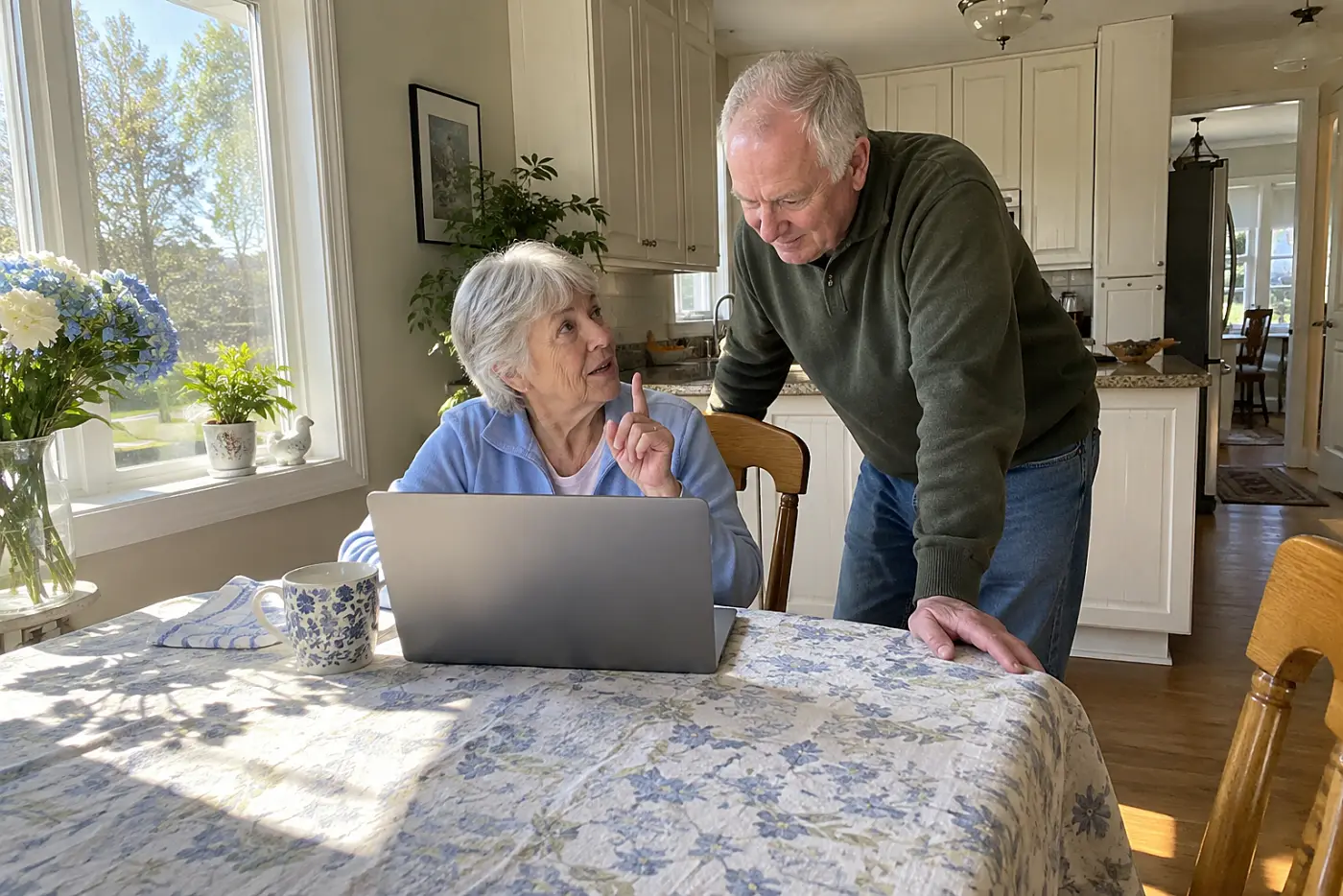 Older woman updating her Marketplace income estimate on a laptop at her kitchen table.