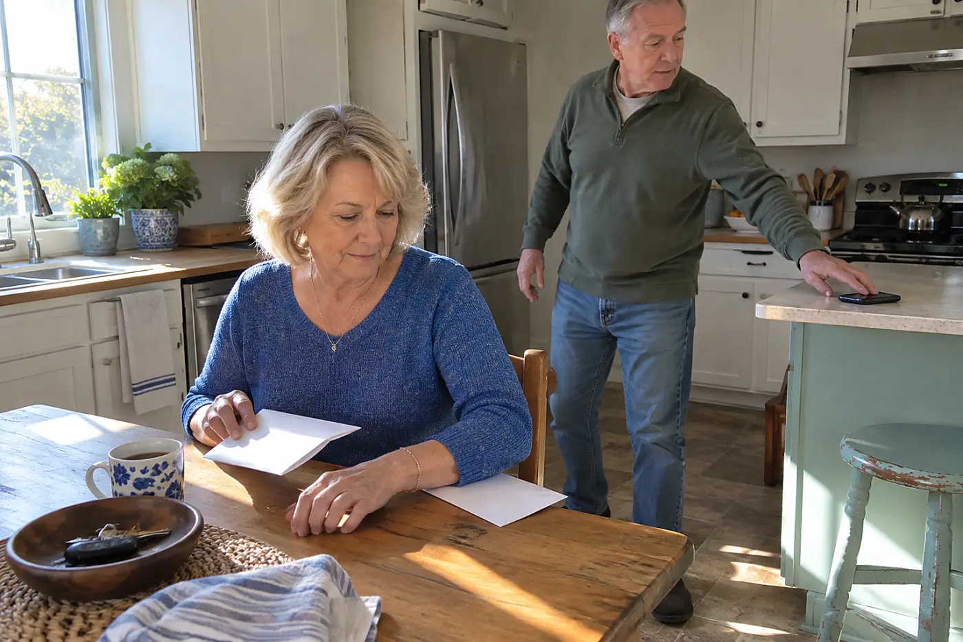 Older woman gathering her final pay stub and Medicare notice for a phone call at home.