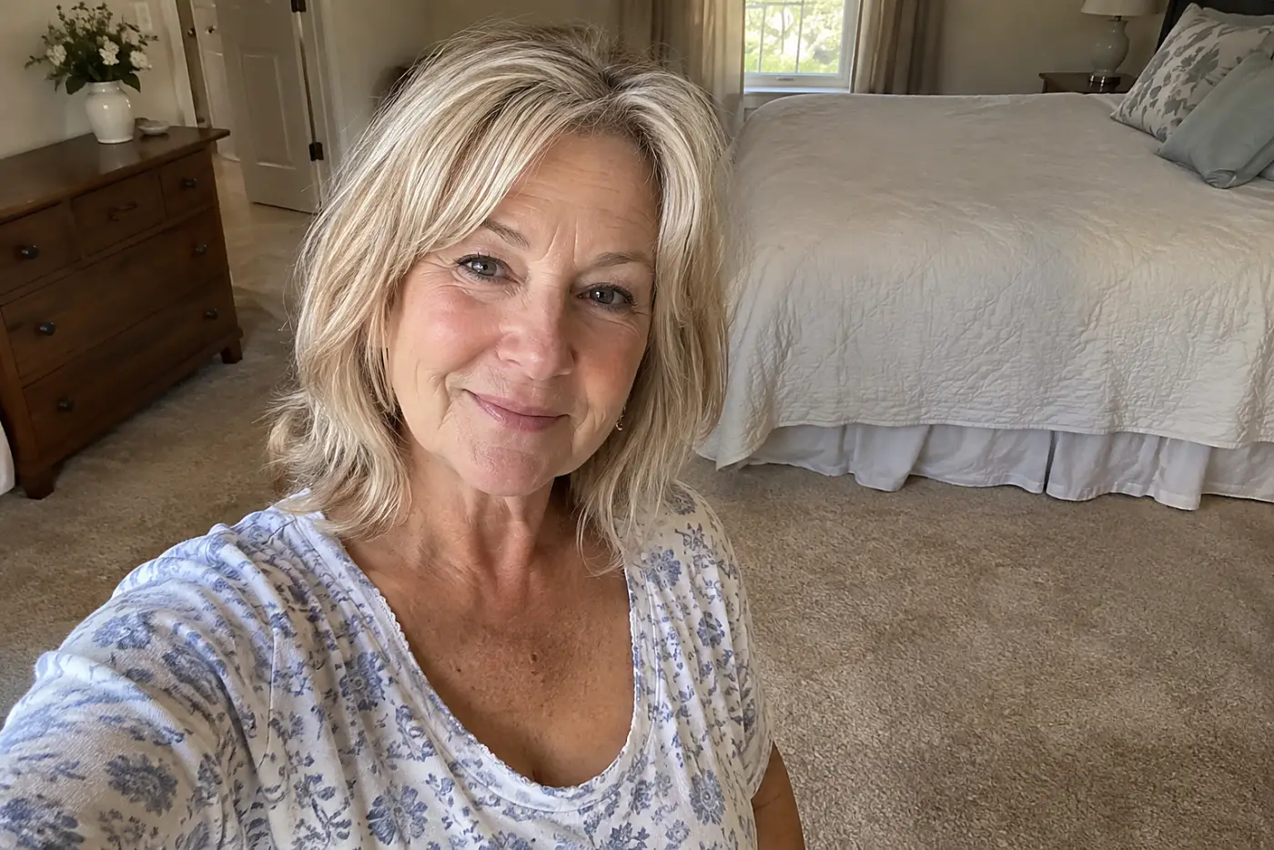 Wall-to-wall beige carpet fills the center of a bedroom floor as a woman in her sixties stands barefoot near the bed, with no visible writing.