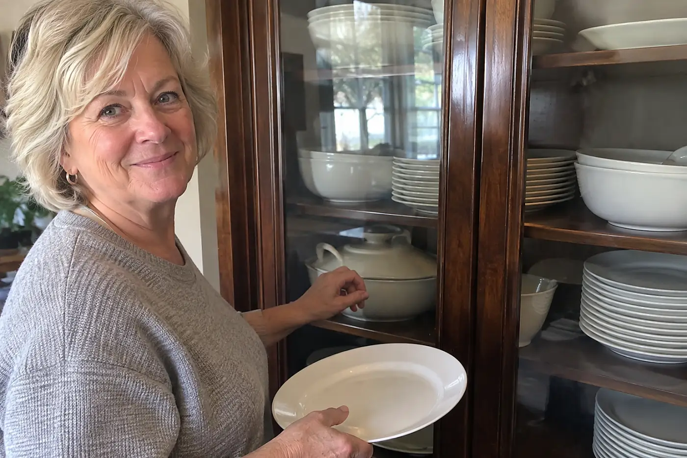 A glass-front china cabinet filled with plain dishes stands in the center of a dining room while a woman in her sixties holds a plate beside it, with no visible writing.
