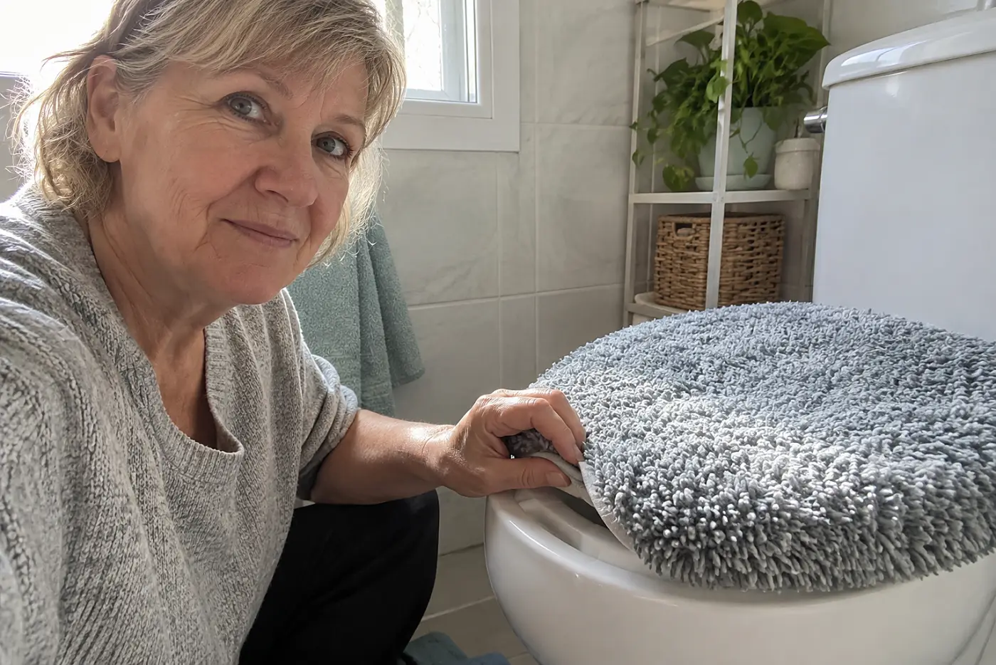 A shaggy toilet lid cover sits in the center of a small bathroom as a woman in her sixties reaches to remove it, with no visible writing.