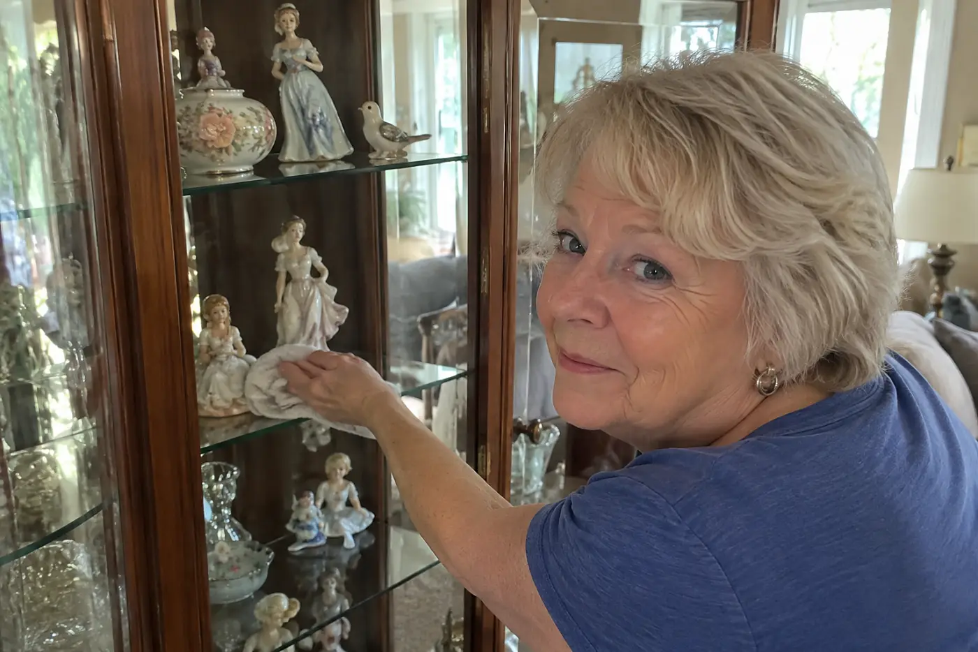 A glass curio cabinet full of small figurines stands in the center of a living room while a woman in her sixties dusts one shelf, with no visible writing.