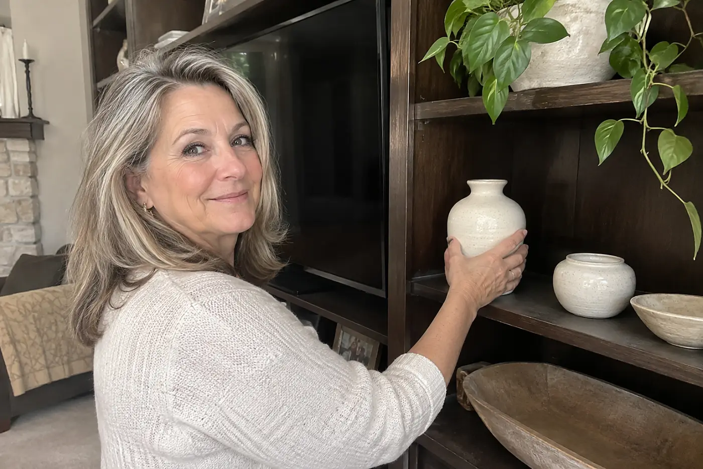 A dark wood entertainment center fills the center of a family-room wall around a blank television as a woman over 50 sorts objects on its shelves, with no visible writing.