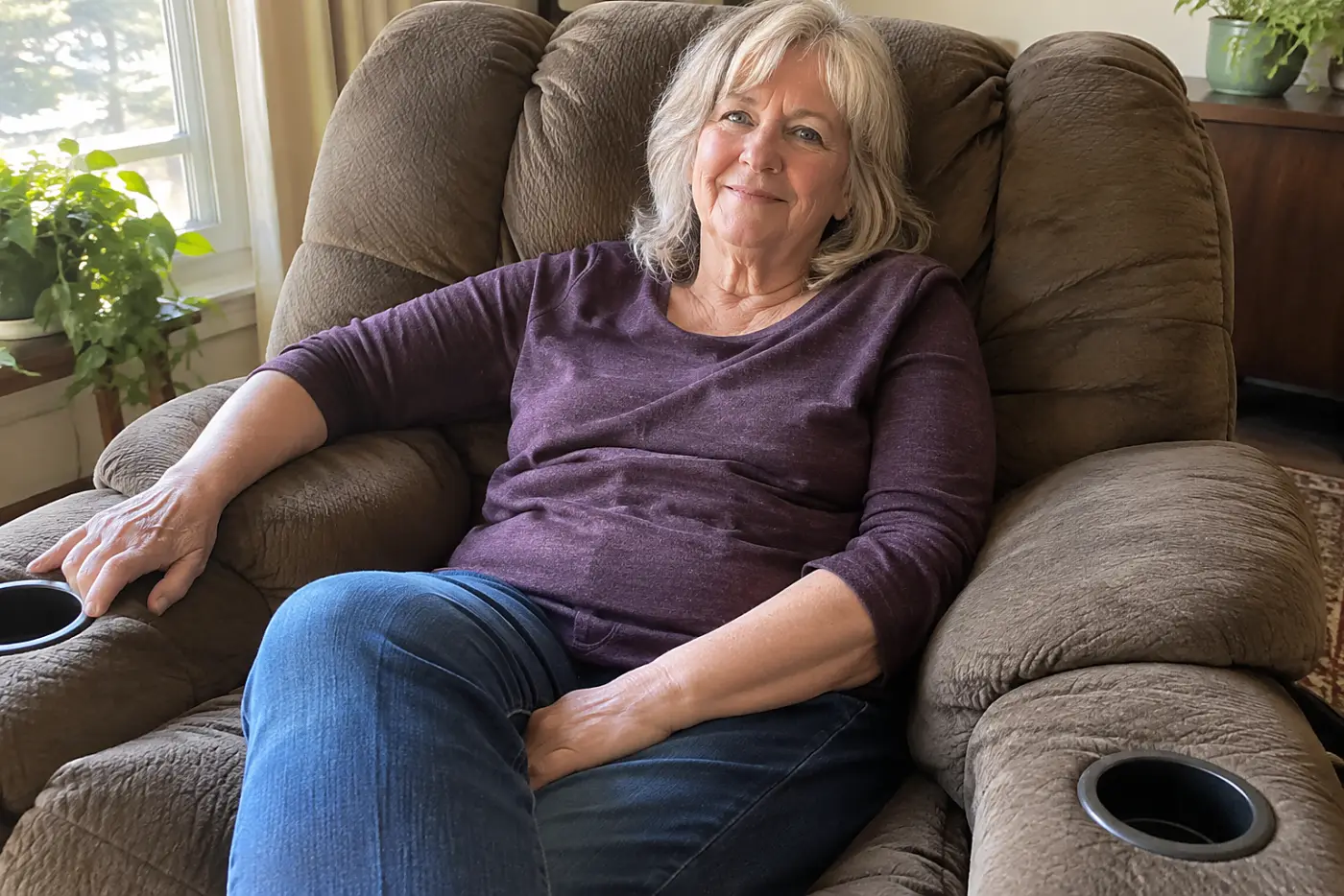 A wide recliner with cupholders sits in the center of a real living room as a woman in her sixties settles into it, with no visible writing.