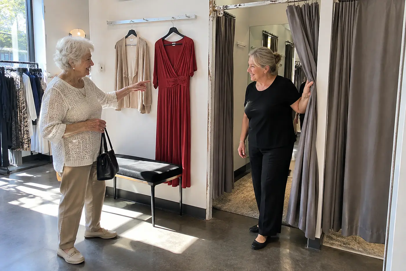 Older woman pointing to a red dress while speaking with a fitting-room attendant in a clothing store.