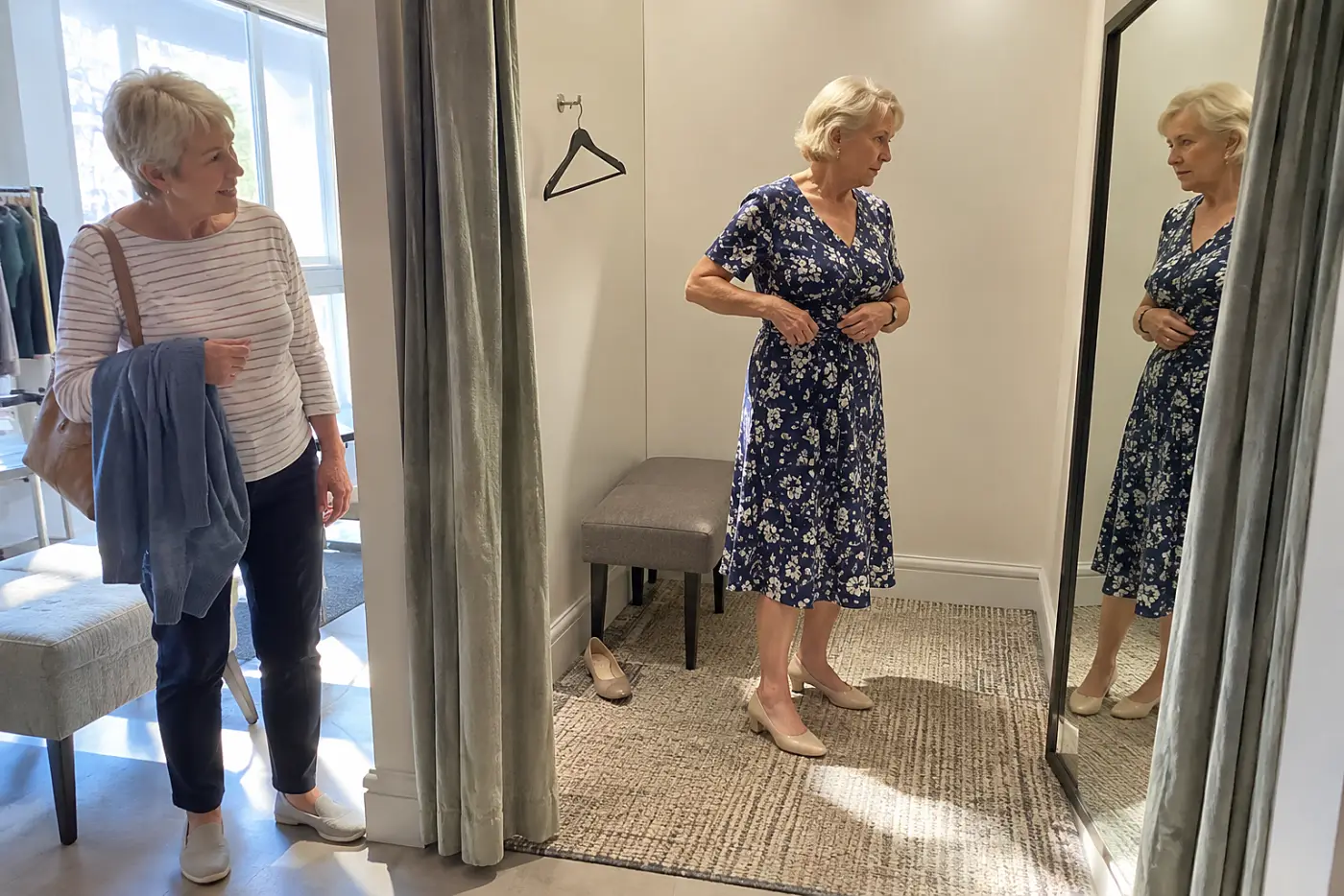 Older woman looking at her reflection while a friend waits outside a fitting room.