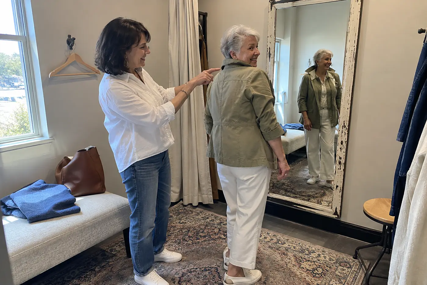 Older woman turning to inspect the back of a jacket in a fitting-room mirror.