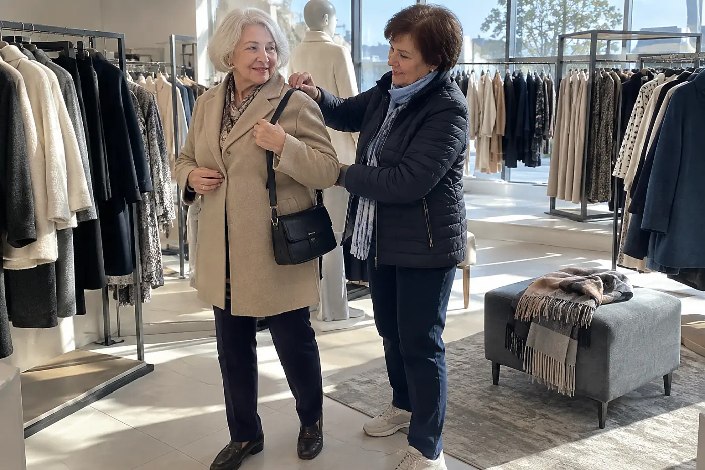 Older woman testing a crossbody bag over her coat in a department store.