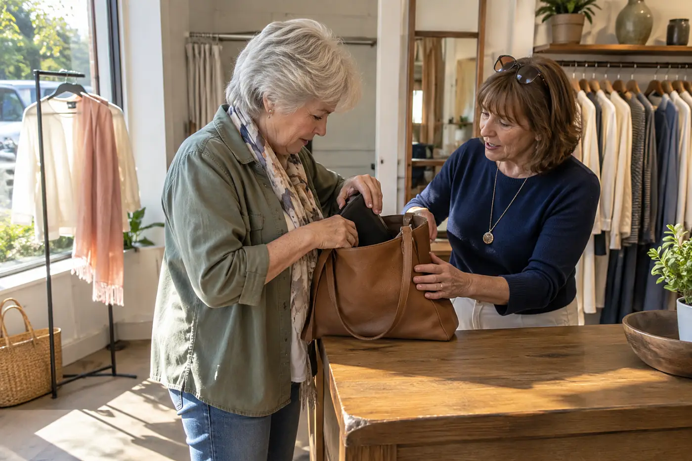 Older woman placing a glasses case inside a handbag at a store counter.