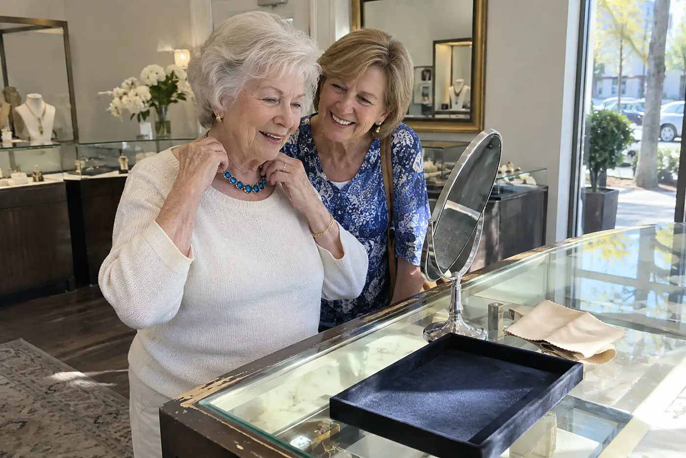 Older woman fastening a bright necklace at a jewelry counter.