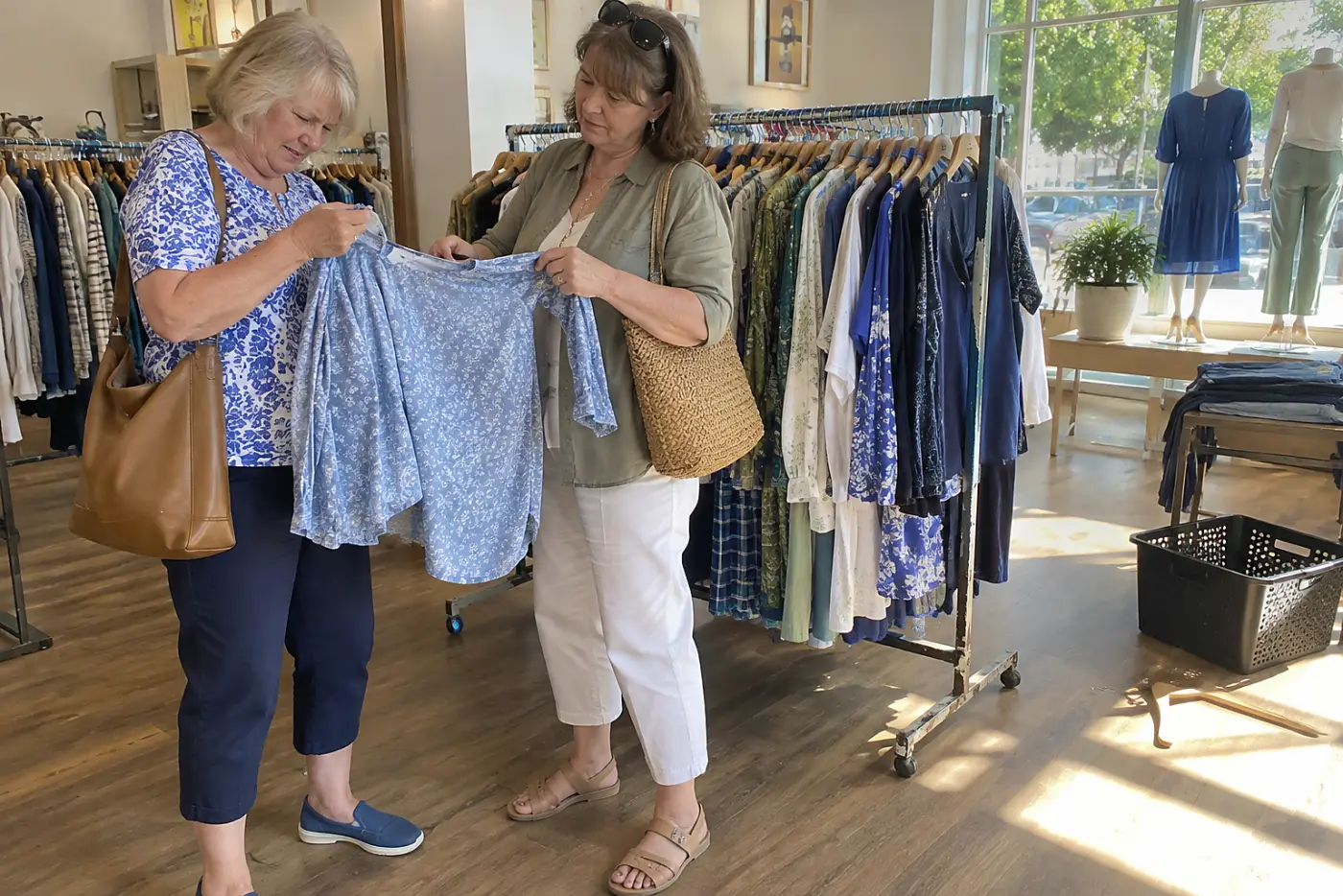 Older woman reading the care label inside a blouse in a clothing store.