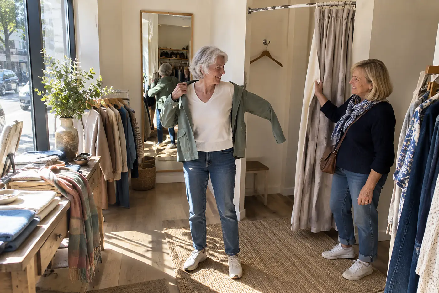 Older woman trying a jacket from a window display in a fitting room.