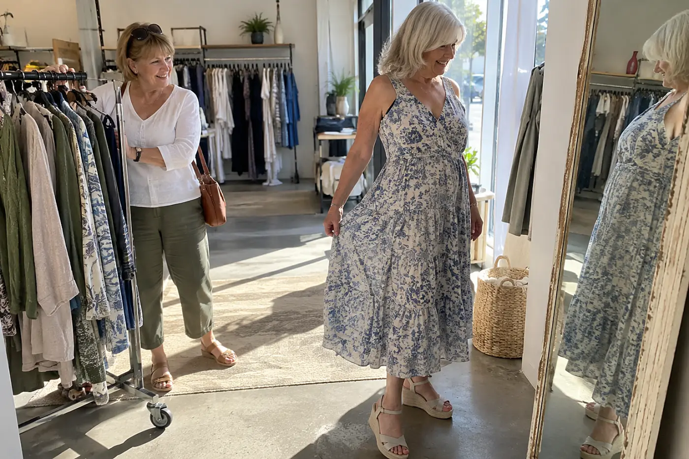 Older woman examining a dress at a mirror near a clothing store entrance.