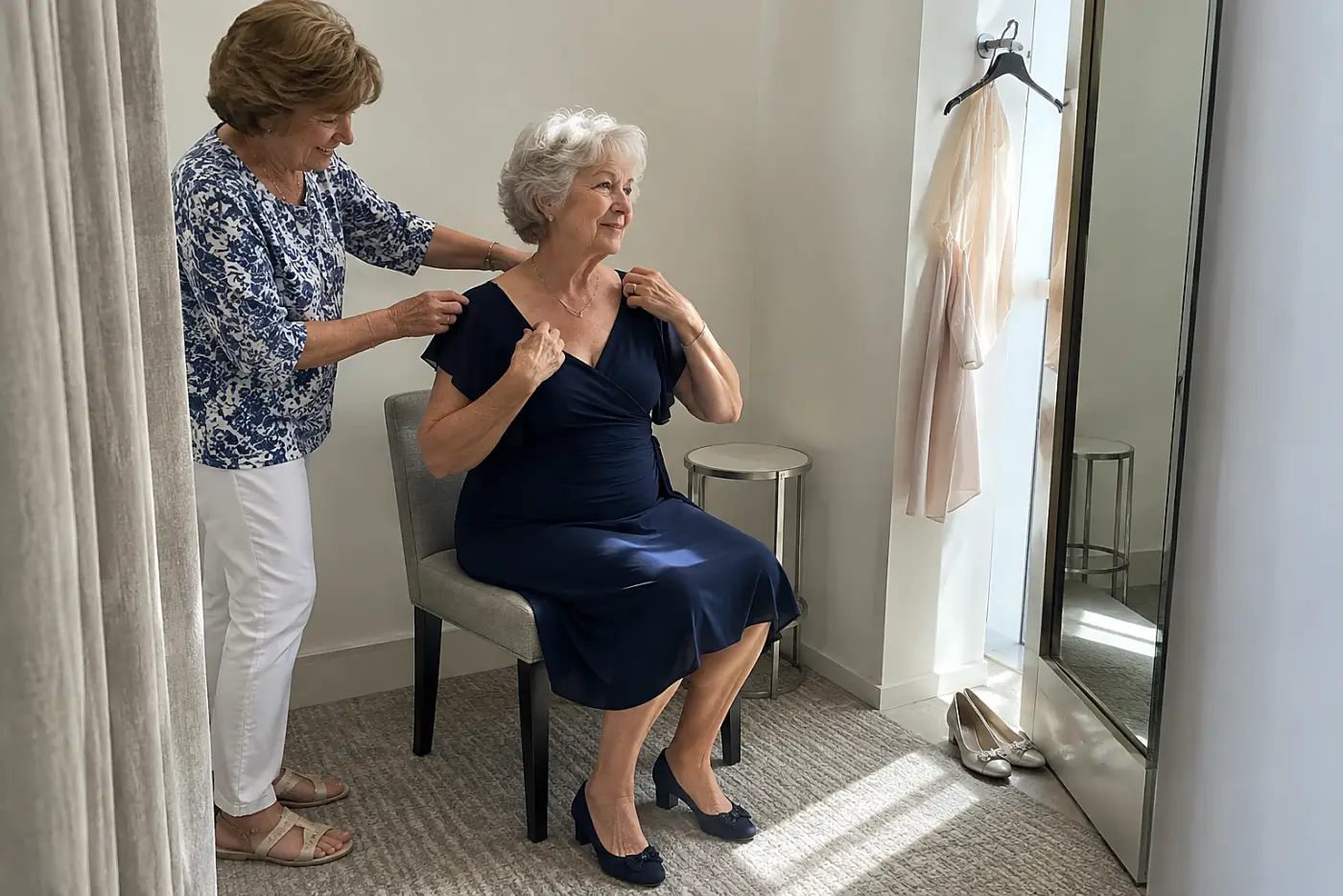 Older woman checking the neckline of a dress while seated in a fitting room.