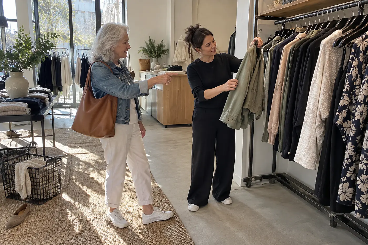 Older woman pointing to a jacket while speaking with a salesperson on a clothing store floor.