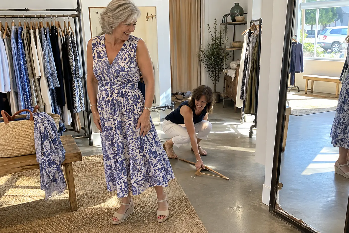 Older woman standing back from a mirror to inspect a patterned dress in a clothing store.