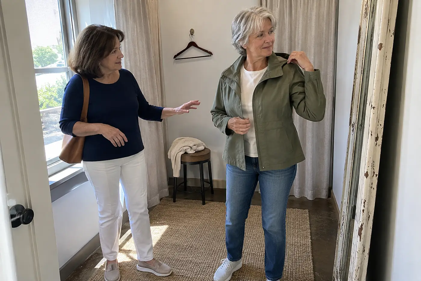 Older woman checking the shoulder fit of a jacket in a fitting-room mirror.
