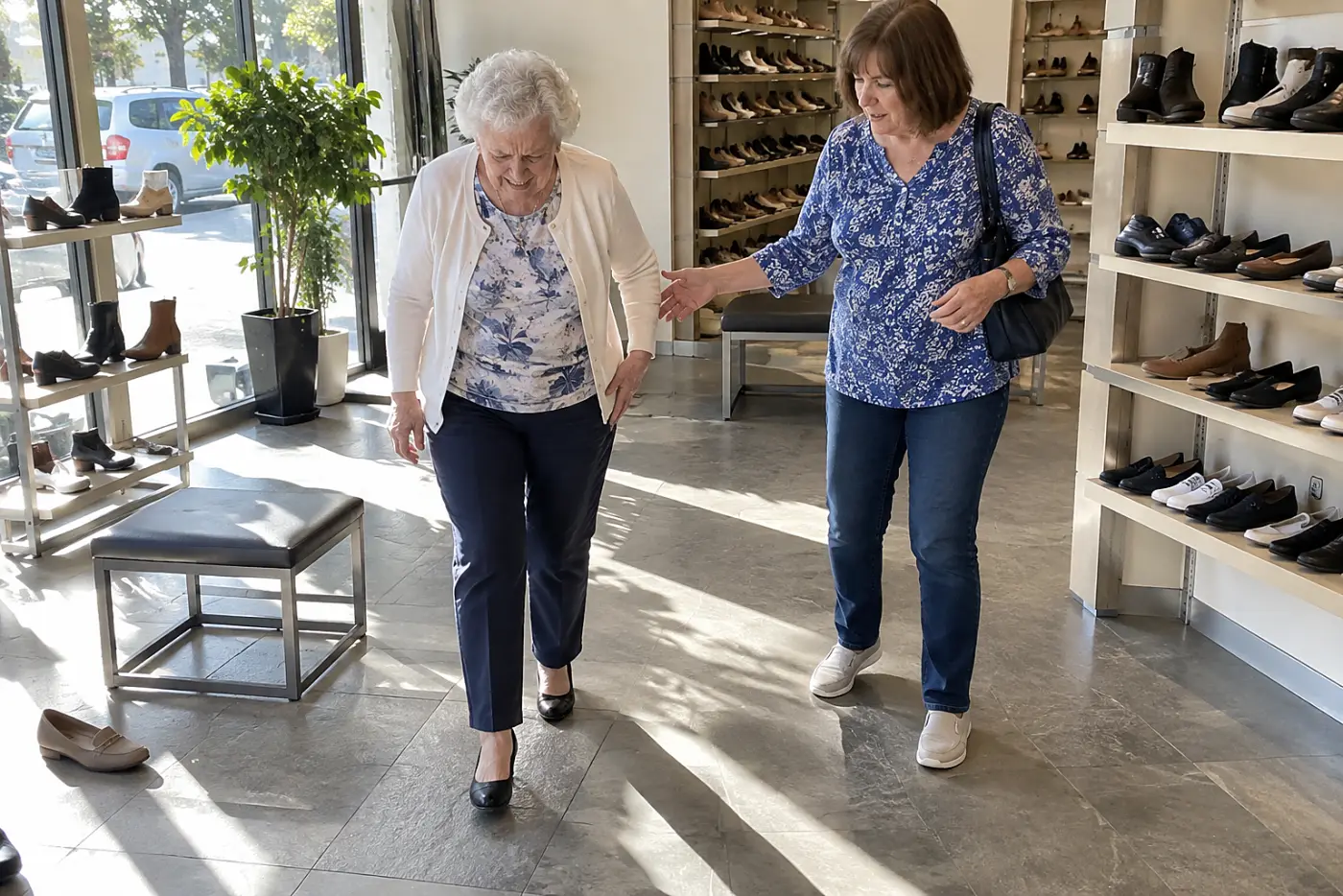 Older woman walking across a shoe store's hard floor in dress shoes.