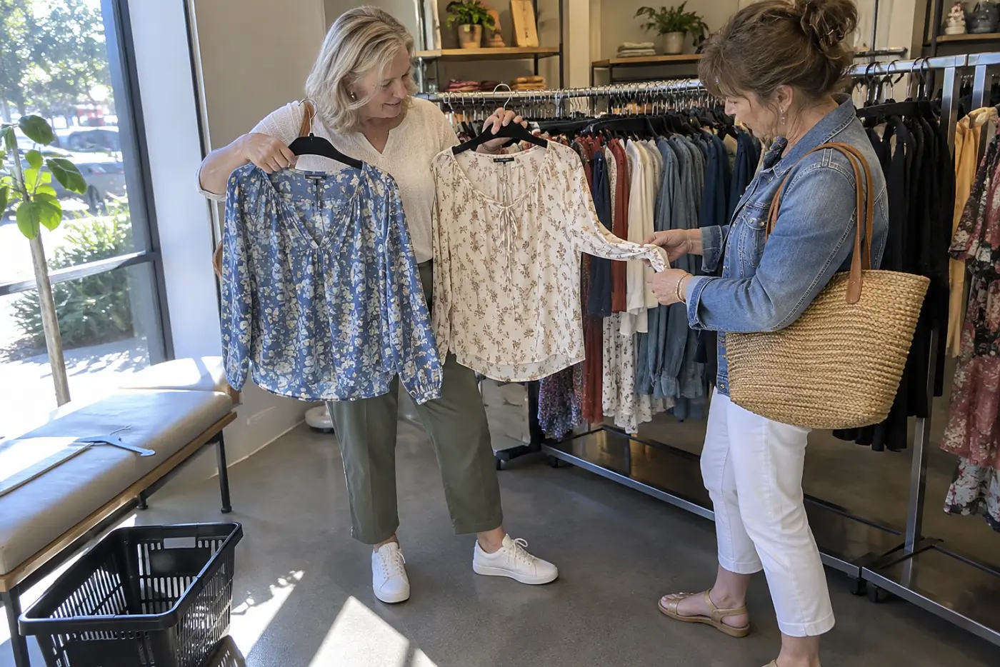 Older woman comparing a sale blouse with a full-price blouse in a clothing store.