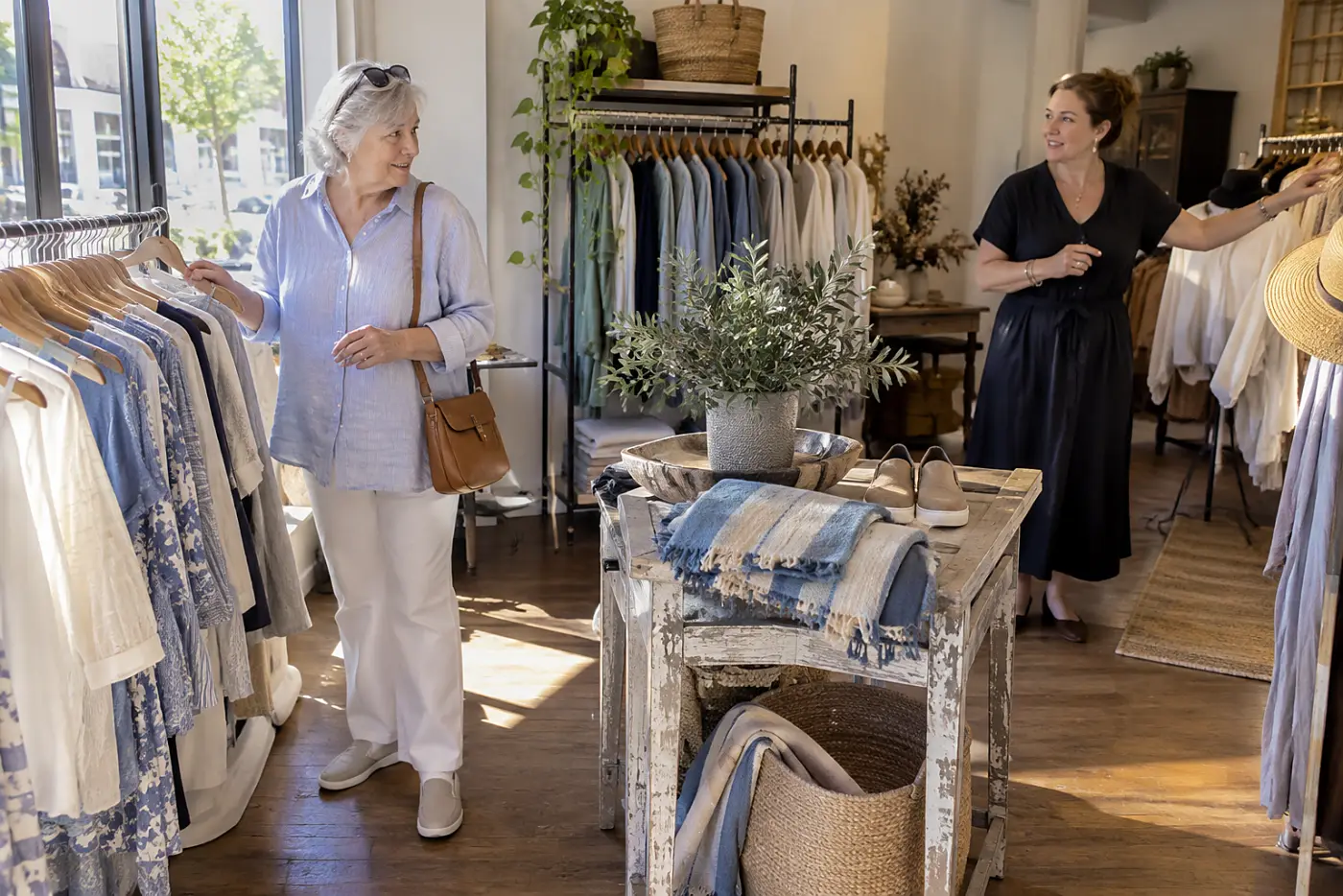 Older woman pausing beside a front display while a salesperson gestures toward a back rack in a clothing store.