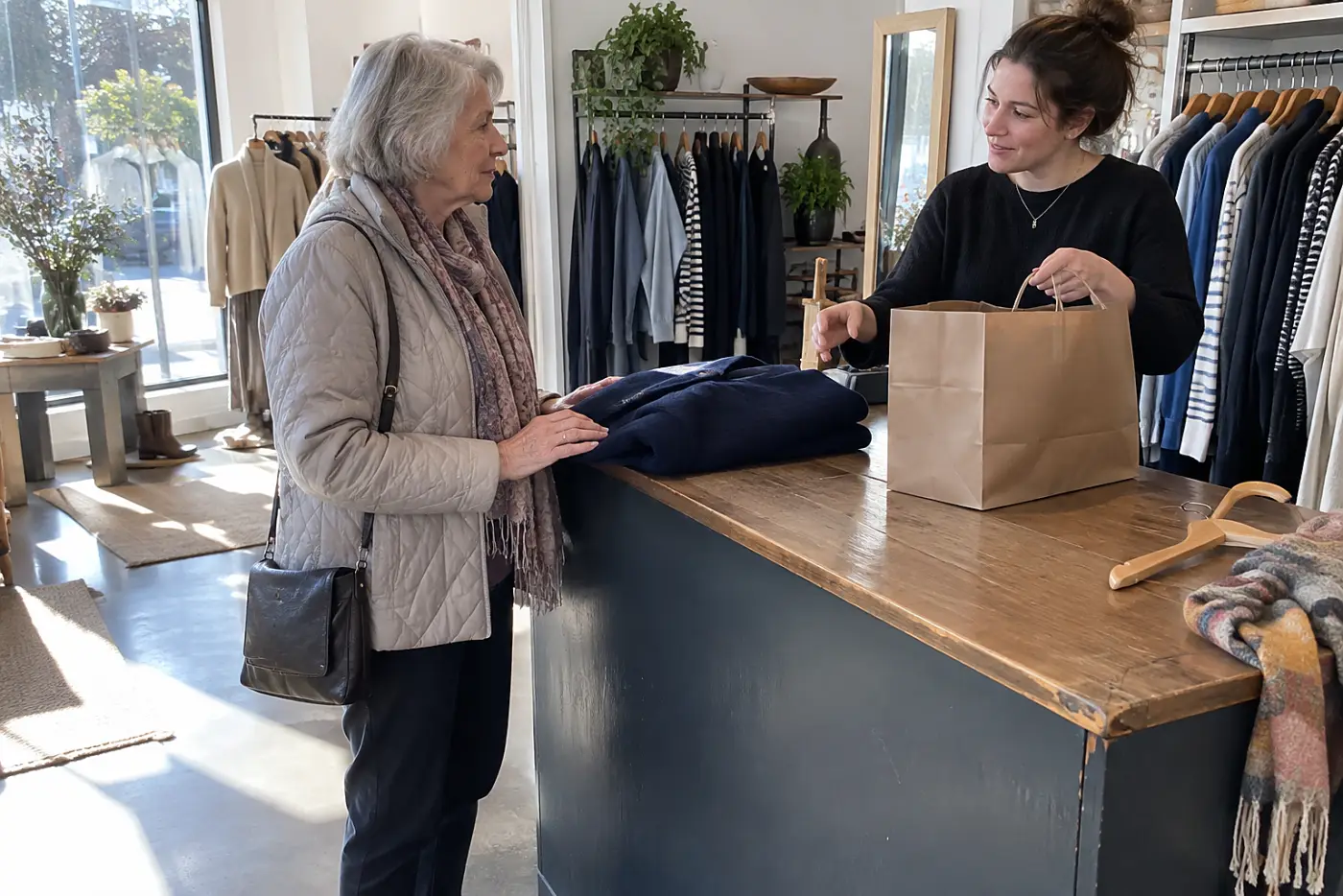 Older woman listening to a cashier at a clothing store register.