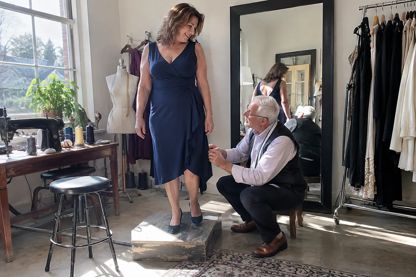 Older woman wearing heels while a tailor pins a dress hem in an alterations shop.