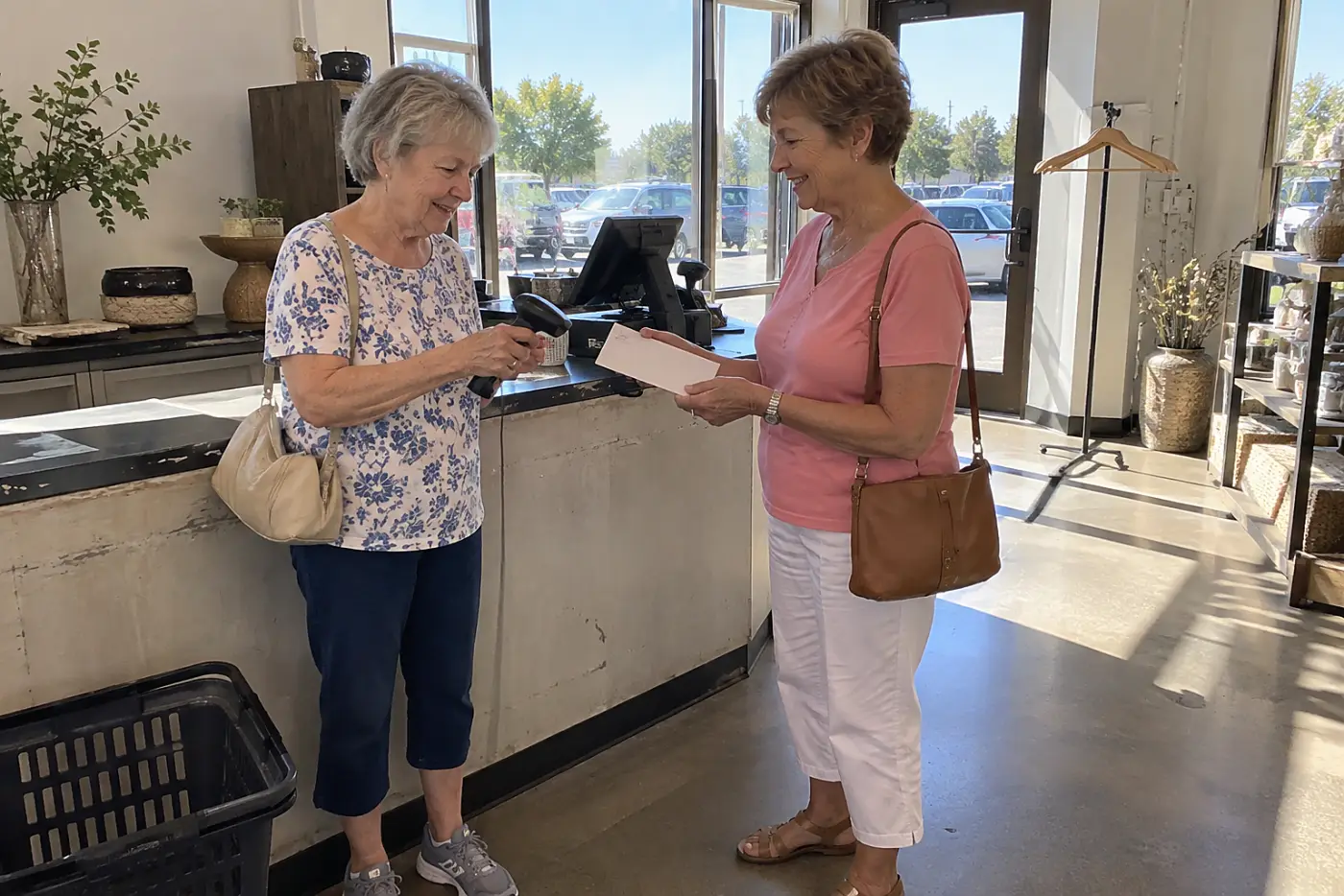 Older woman reading a store receipt beside a checkout counter.