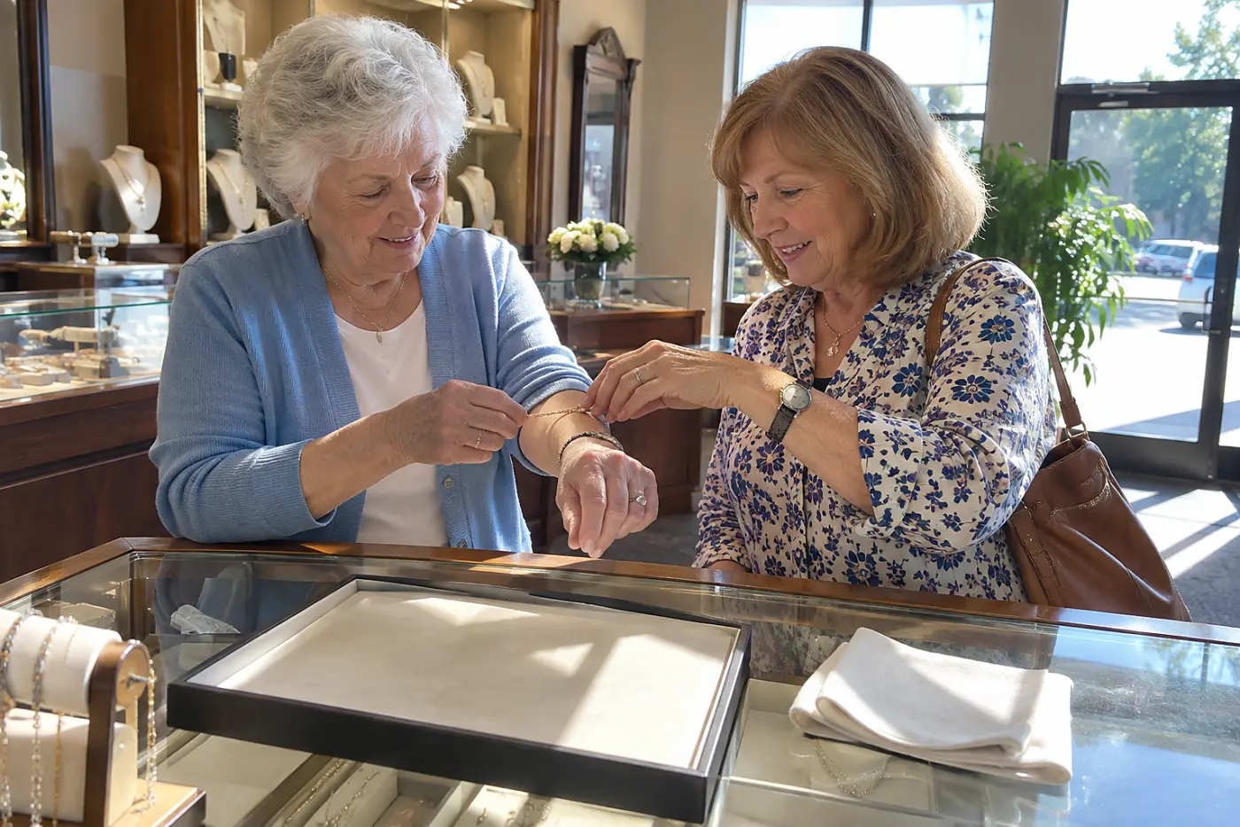 Older woman checking a bracelet clasp at a jewelry counter.