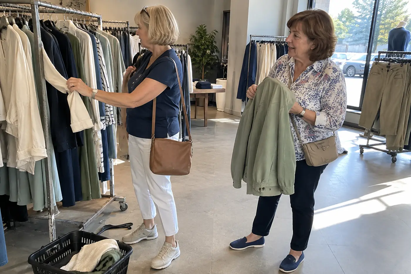 Older woman comparing a jacket with a photo of trousers on her phone in a clothing store.