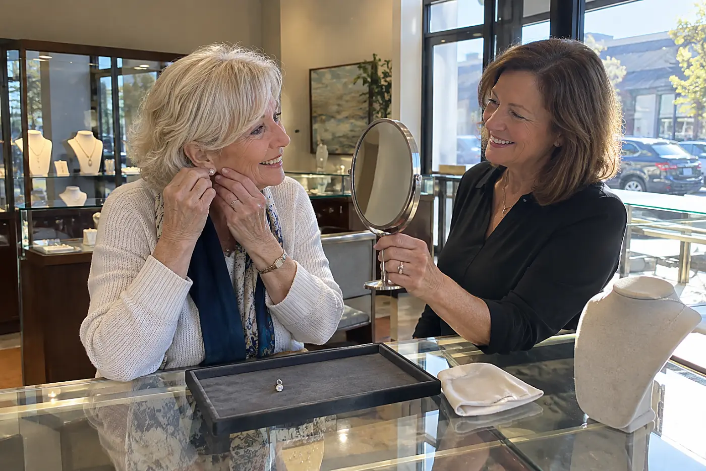 Older woman trying on earrings at a jewelry counter.