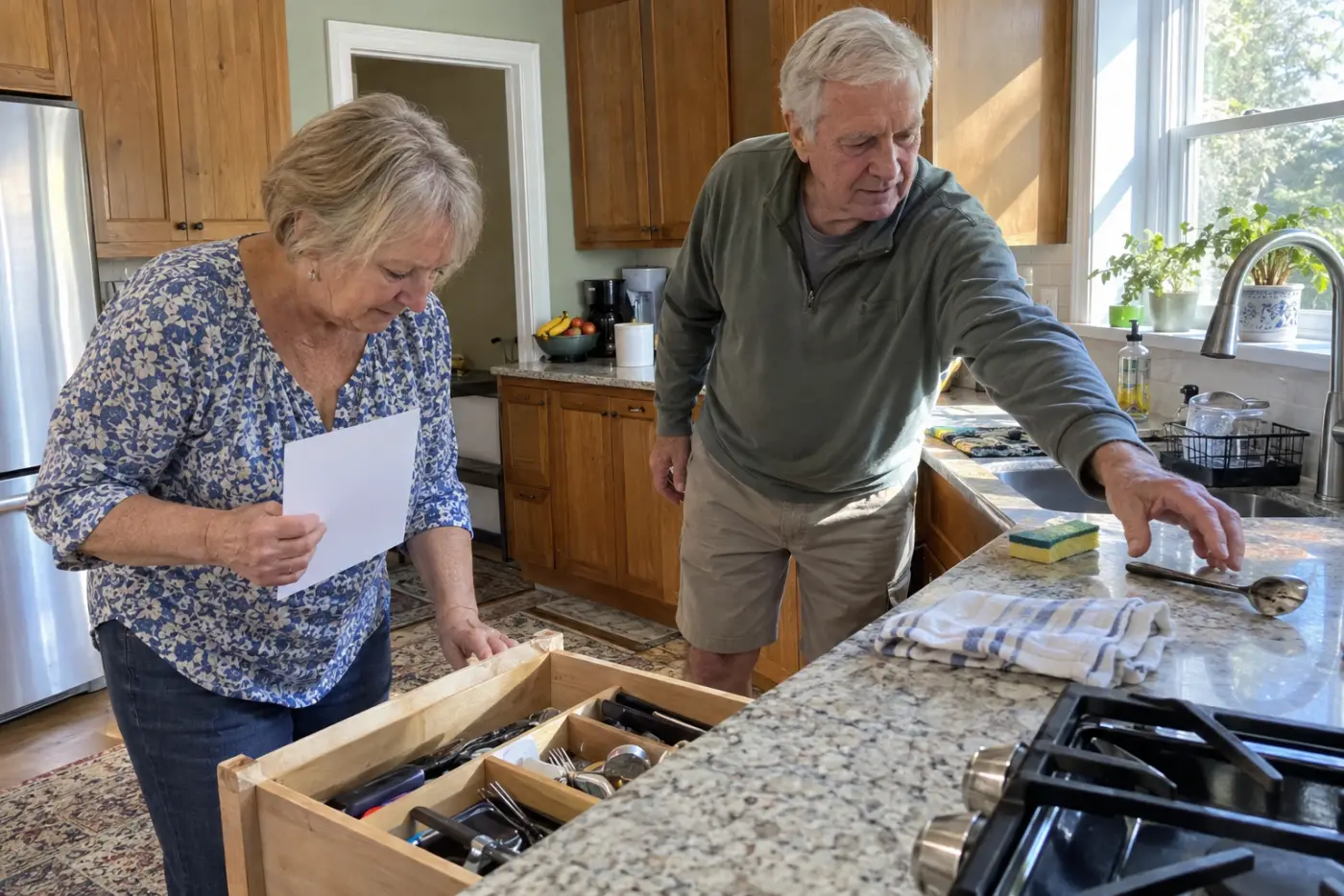 Older woman checking behind a kitchen drawer with a handwritten list in her hand.