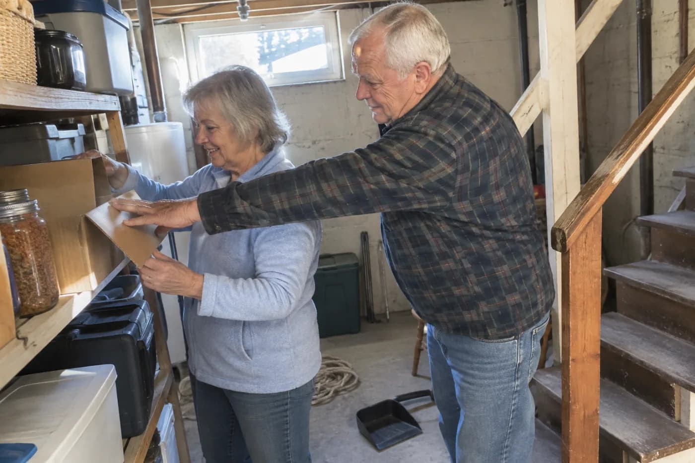 Older woman opening a cardboard box beside basement shelves.