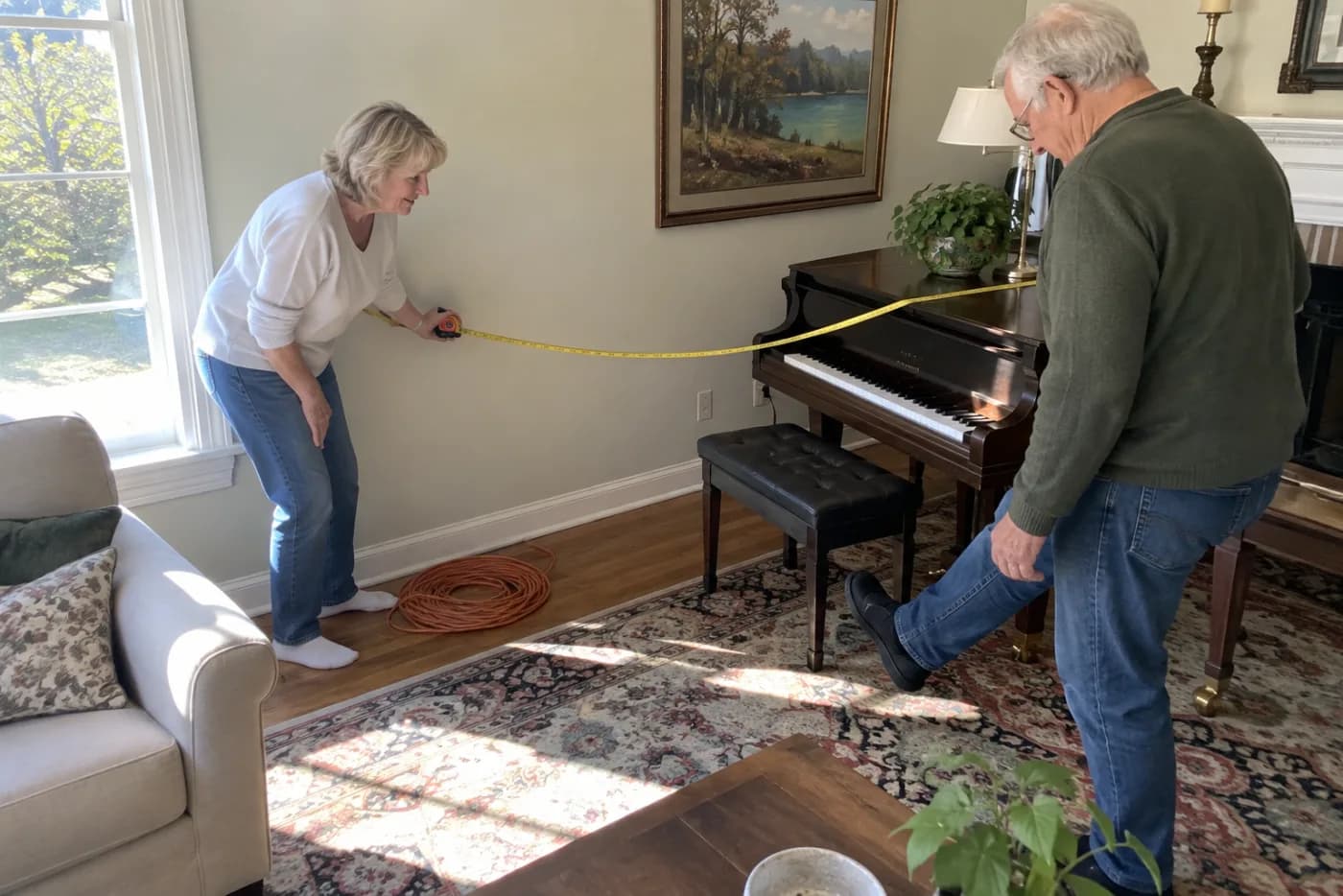 Older woman measuring a piano against the wall of her living room.