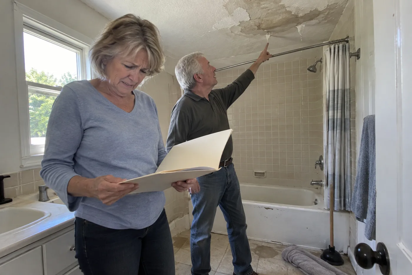 Older woman checking a plumber’s invoice beneath a patched bathroom ceiling.