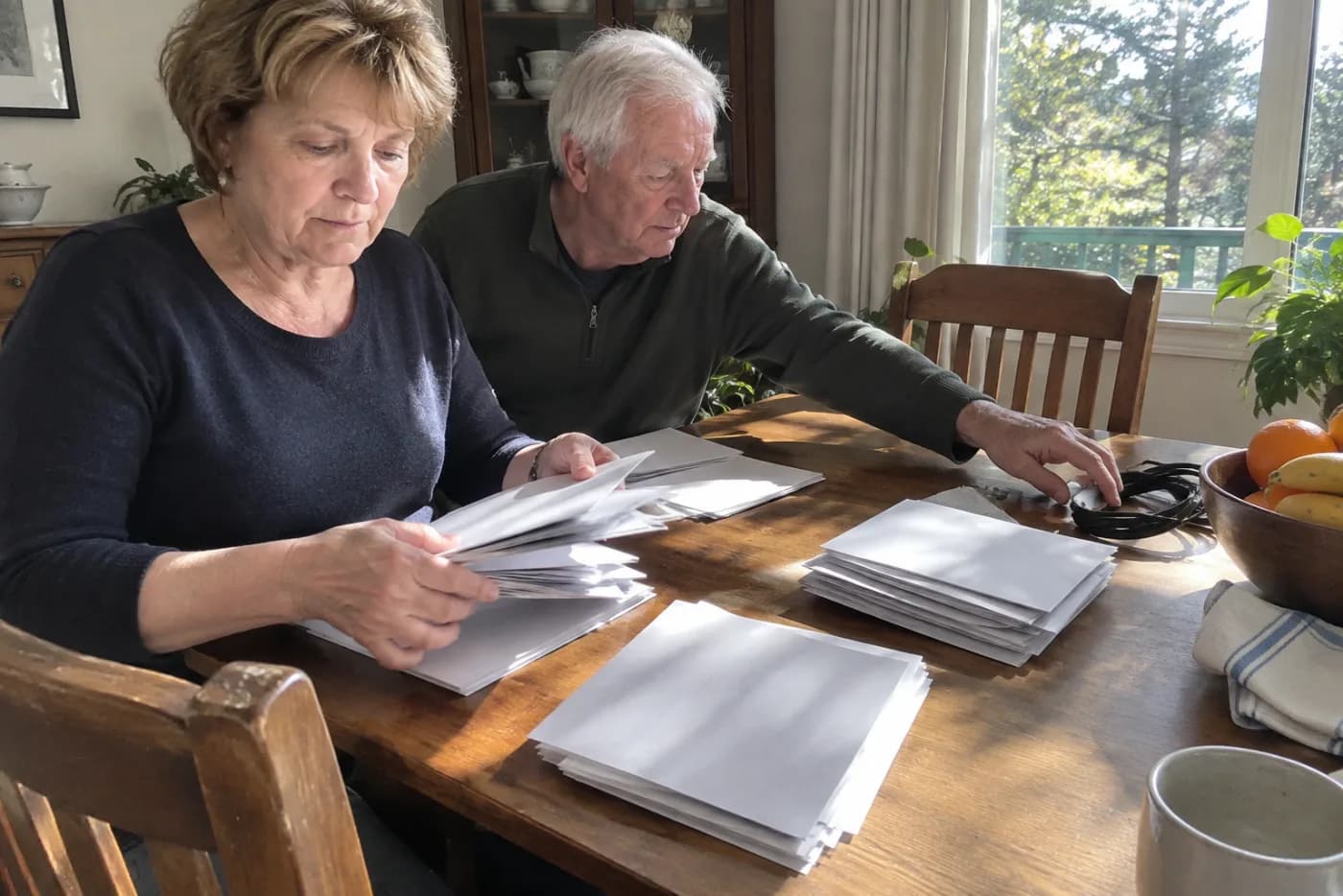 Older woman separating appliance manuals from invoices at a dining table.